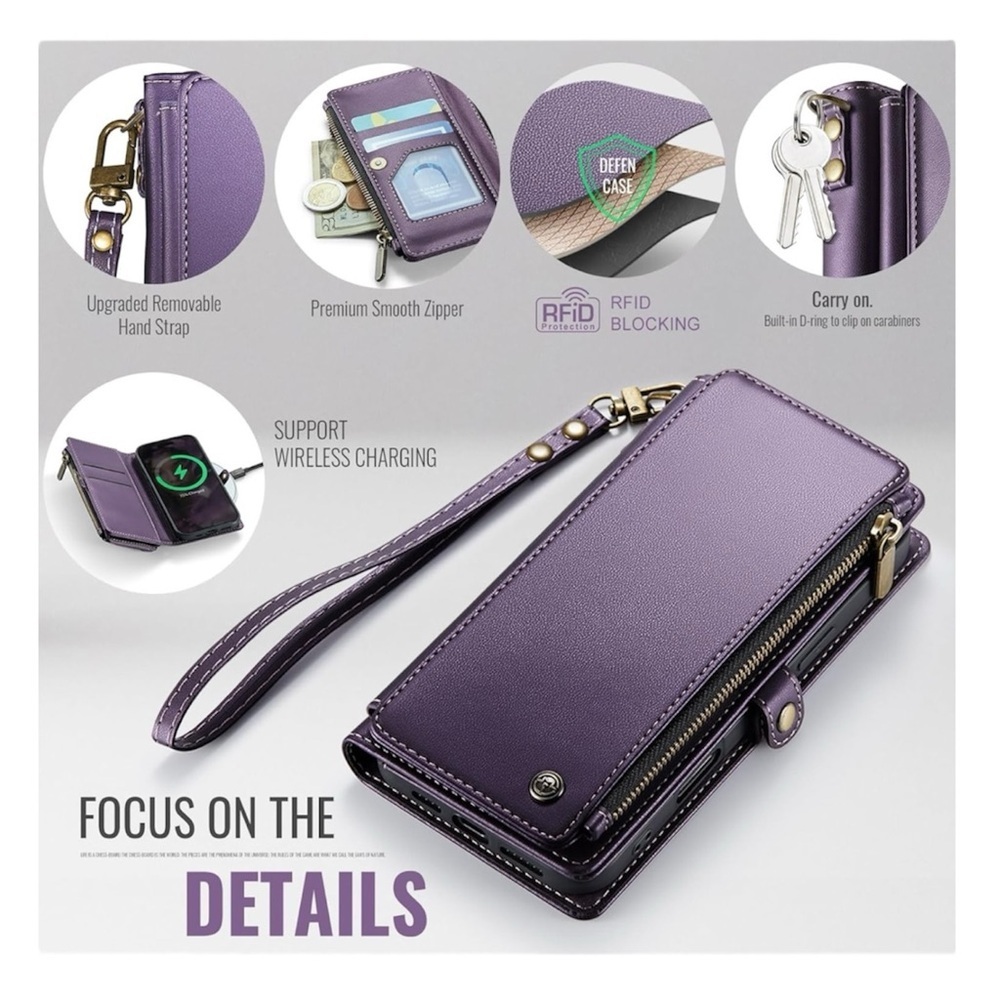Wallet Phone Case for iPhone 16 Purple RFID Blocking - Picture 11 of 14